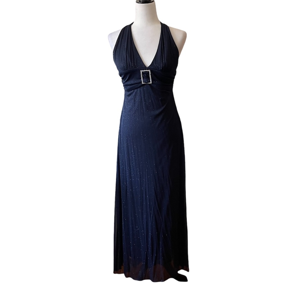 Vintage Y2K glitter blue stretchy halter top gown prom dress buckle
